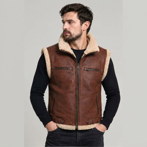 Gilet en cuir marron pour homme, doublé en sherpa, fermeture éclair, fourrure, style motard, hiver - Product Image 1