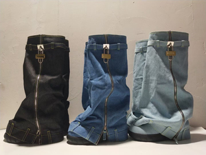 Botas de Plataforma con Tacón Alto, Cierre de Cremallera, Decoradas, Estilo Pantalón Corto, Vaqueras, para Mujer - Product Image 6