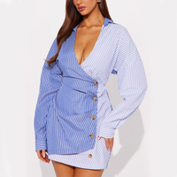Robe chemise mini rayée à col en V sur mesure, boutonnée, plissée, en coton contrastant, ajustée, sexy et élégante pour femme – Vente en gros