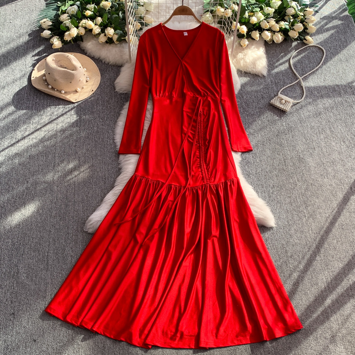 knee length dresses for ladies Red Ribbed Shimmery Halter Drawstring Slit Maxi Dress
