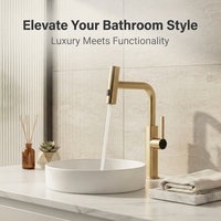 Robinet de lavabo moderne monotrou en or brossé avec douchette extractible haute et bouton pour lavabo sur colonne