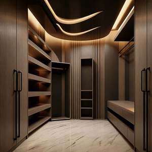Balom Modern Luxury Curved Glass Walk in Closet <b>Wardrobe</b> Dark <b>Wood</b> Finish Bedroom <b>Wardrobe</b> With LED Lighting Custom Design - Product Image 3