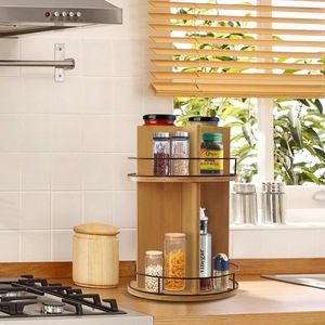 Wooden kitchen rack combining iron and wood, rotating multi-layer <b>spice</b> <b>jars</b>, seasoning boxes, kitchenware and tableware - Product Image 1