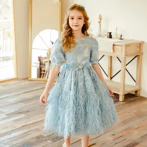 Vente en gros de vêtements en ligne au détail robes pour filles de 6 à 14 ans robe de soirée en tissu jacquard pour filles robe avec plumes