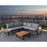 Ensemble de canapé d'extérieur en aluminium élégant en forme de L, coussins gris avec ottomanes en bois plastique et table basse, jardin moderne