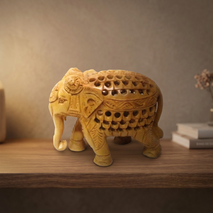 Éléphant décoratif en bois crème avec sculptures ornementales et détails foncés pour collections de décoration intérieure traditionnelle - Product Image 1