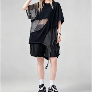 <b>Women</b> Irregular Patchwork Short Sleeve T-Shirt Asymmetrical Hollow Cut Out Loose Fit <b>Mesh</b> Fabric Casual <b>Top</b> OEM ODM Customized - Product Image 2