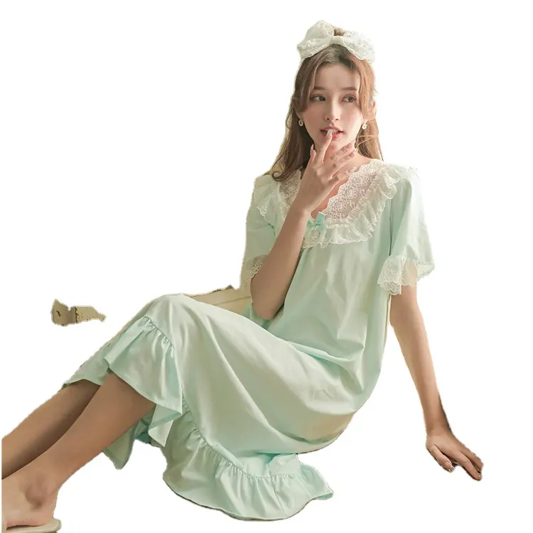 Yaz kısa kollu pijama tatlı kore prenses pamuk rahat pijama kadın dantel örgü % 100% pamuk yaz pijama elbise/