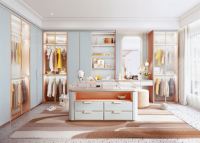 Dressing encastré sur mesure minimaliste avec îlot intégré, solution de rangement italienne gris foncé pour chambre à coucher, pour la maison et les projets