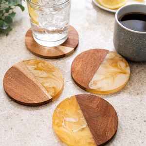 Stylish Natural Resin Wooden Coaster Set For Living Room Kitchen Dining Or Office <b>Desk</b> Protecting Surfaces From Heat Moisture - Product Image 4