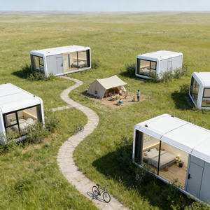 Vorgefertigte Apple-Kapsel-Kabine Vorgefertigter Container Tragbares Tiny Home Faltbar 1 <span class=keywords><strong>2</strong></span> <span class=keywords><strong>3</strong></span> Schlafzimmer Modulares Stahlhaus - Product Image 2