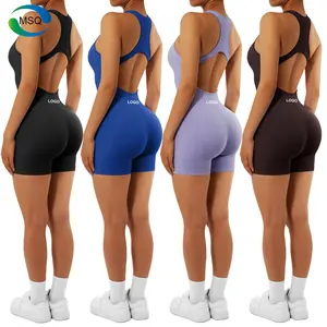 कस्टम लोगो बिना आस्तीन फैशन ठोस रंग Bodycon Jumpsuit Bodysuits Activewear महिलाओं बुनना काटने का निशानवाला एक टुकड़ा कसरत Jumpsuit