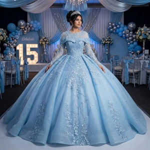 Vestido de Quinceañera Lsany282 Azul Hielo de Lujo con Cuello Ilusión, Manga Larga, Apliques de Encaje Plateado y Brillo, Vestido de Princesa Jancember - Product Image 1