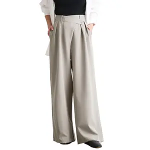 新款时尚女性高腰长裤不对称裹腰女裤宽腿裤女士