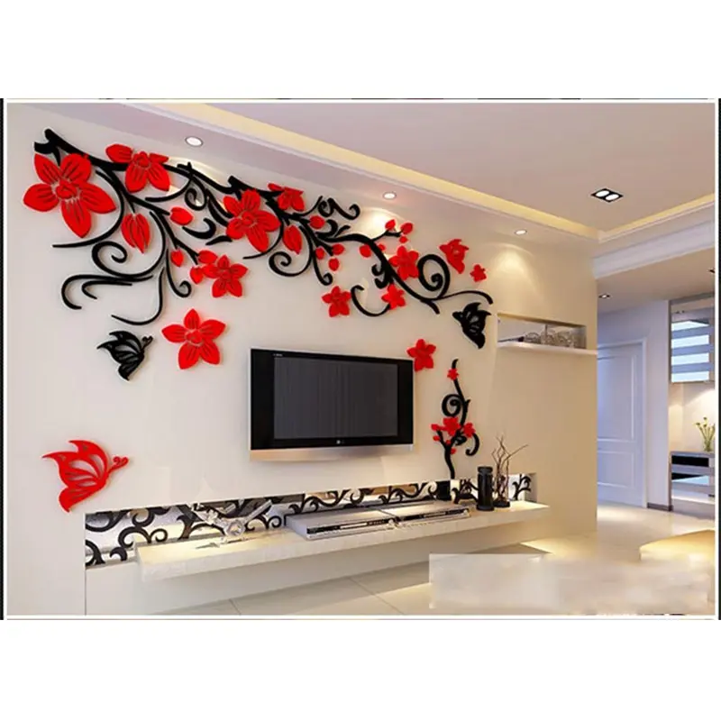 3D Flower Acrylic Wall Stickers Butterfly Wall Decals TV Background Decoration Removable PVC Sticker Home Decor Wall Stickers