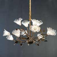 Nouveau Lustre de Salon Français Style Mid-Century 2026, Lampe Principale en Cuivre avec Fleurs en Verre Rétro, Luxe Léger