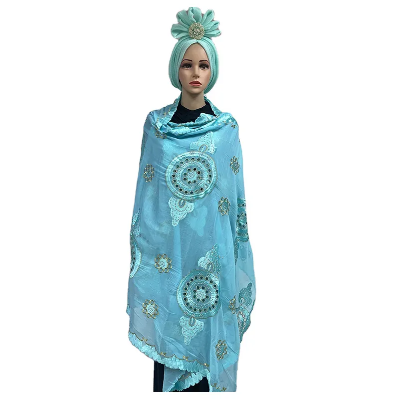 Sciarpa hijab di lusso con scialle in Voile svizzero con ricamo in cotone africano di alta qualità con strass
