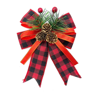 Ornamen Pita Natal Motif Kotak-kotak Buffalo dari Kain Goni dengan Hiasan Buah Pinus, Jarum Pinus, dan Berry Merah untuk Karangan Bunga Natal, Pohon Natal, dan Pita Hadiah Natal - Product Image 4