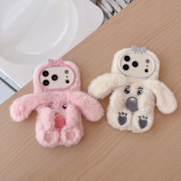 Coque de téléphone en peluche lapin 3D avec nœud mignon pour iPhone 18 Pro Max 17 Pro 16 Pro Max 15, avec chaîne, étuis chauds et moelleux, couverture Kawaii