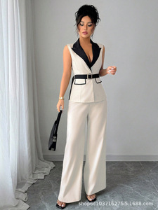 Completo Moda Primavera-Estate: Top Senza Maniche con Scollo a V e Cintura, <span class=keywords><strong>Pantaloni</strong></span> Dritti, Set Due Pezzi per <span class=keywords><strong>Donna</strong></span> - Product Image 3