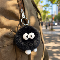 Porte-clés de voiture en cuir véritable, petit pendentif boule de charbon mignon et unique, boule en peluche elfe, décoration de sac à dos, cadeau