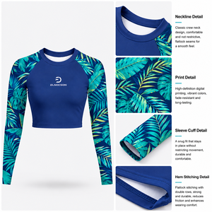 Rashguard personnalisé imprimé par sublimation pour femme, manches longues, polyester, logo personnalisé, anti-UV, <span class=keywords><strong>surf</strong></span>, natation, haut court - Product Image 3