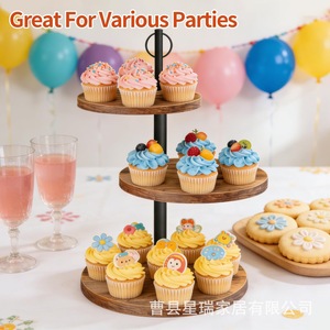 Soporte de madera de 3 niveles para cupcakes, expositor redondo de postres para fiestas de cumpleaños - Product Image 3