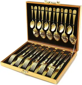 Fabrik direkt Gold Besteck Set Hochzeits bankett Fest 24PCS Edelstahl vergoldet Besteck Set mit Holzkiste