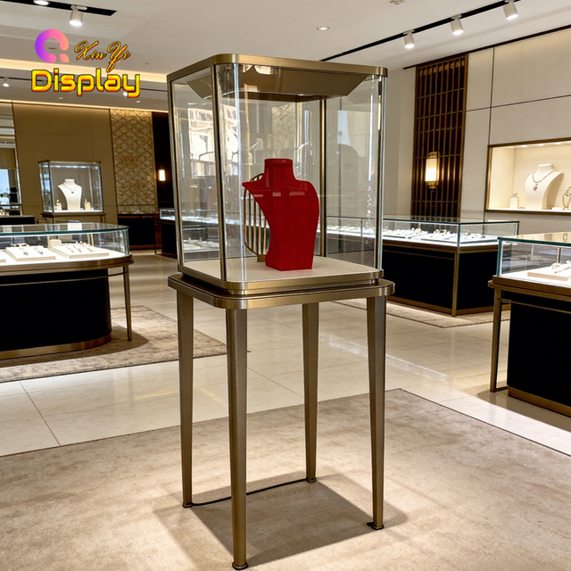 Modern Gold Brushed Metal Freestanding High Quality Eco-Friendly Jewelry Display Cabinet LED Lighting Glass Showcase Retail