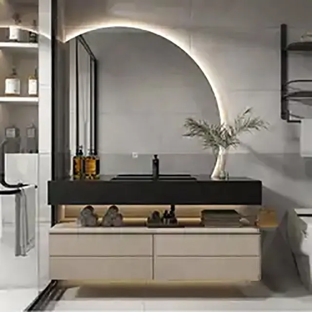 2023 nuovo mobile da bagno moderno da 24-86 pollici lavandino in pietra di roccia mobili da bagno mobili da bagno grande a LED intelligente armadietto a specchio