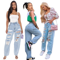 2022 yaz yeni toptan kadın moda rahat yıkanmış yırtık kişilik düz kot kadın artı boyutu Denim pantolon