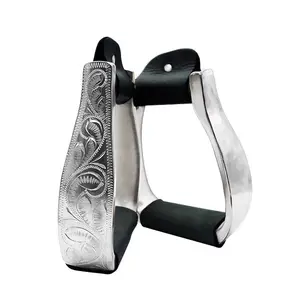 Western Horse Stirrups with Stainless Steel and Genuine Cow Leather Carved Pattern