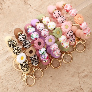 Personalized <b>Silicone</b> <b>Beaded</b> Keychain Bracelet with Daisy Charm and Carabiner Clasp Halloween-Themed High Quality Pastel Colors - Product Image 3