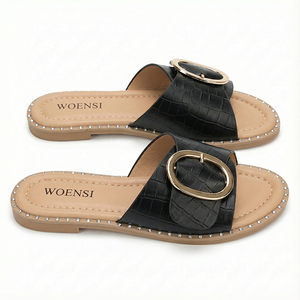 <span class=keywords><strong>Sandali</strong></span> da <span class=keywords><strong>Donna</strong></span> alla Moda con Stampa Coccodrillo <span class=keywords><strong>Neri</strong></span> con Fibbia Dorata e Strass Slip-on - Product Image 3