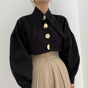 パッチワークソリッドレディースブラウス バブルスリーブブラウストップス 女性用 - Product Image 4