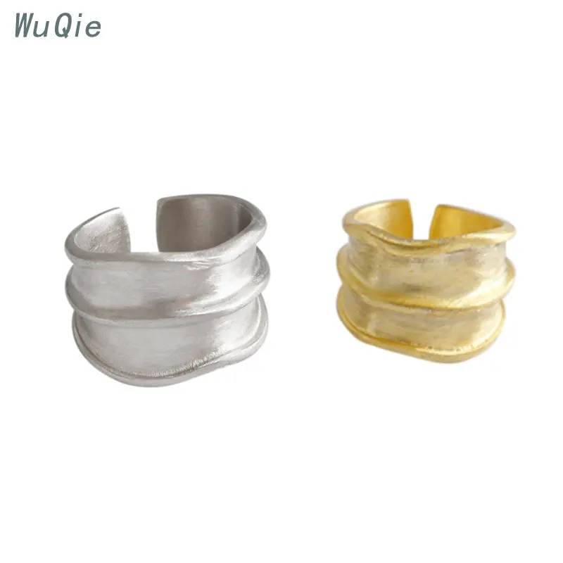 Wuqie แหวนเงินเกาหลีสำหรับผู้หญิง,แหวนเงิน925แหวนเปิดหน้ากว้างภาพด้านไม่สม่ำเสมอแฟชั่นใหม่