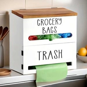 <b>Kitchen</b> Grocery Bag <b>Storage</b> <b>Box</b> With Trash Dispenser Wooden Top White Rectangle Standing Type Punch Free - Product Image 1