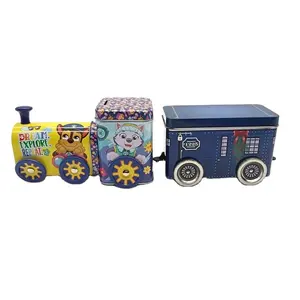 Custom design coin bank train shape metal tin cute kids toy train tin box with back wagons