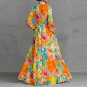 A-Line Long Sleeves Buttoned Contrast Color Pleated <strong>Pockets</strong> Printed Lapel Maxi <strong>Dresses</strong> <strong>Shirt</strong> <strong>Dress</strong> - Product Image 2