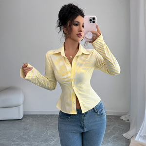 Camicie <span class=keywords><strong>eleganti</strong></span> da donna a righe a maniche lunghe camicia con bottone per donna aderenti camicetta da donna - Product Image 3
