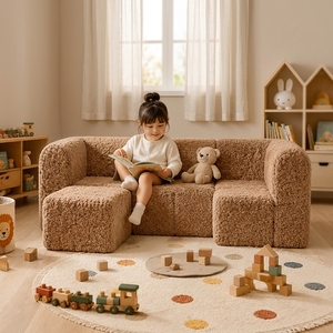 Sofá Modular Infantil <span class=keywords><strong>de</strong></span> Sherpa Beige Suave, 4 Piezas, Espuma <span class=keywords><strong>de</strong></span> Alta Densidad, Forma <span class=keywords><strong>de</strong></span> L, para Guardería, Sala <span class=keywords><strong>de</strong></span> Juegos, Apartamento - Product Image 1