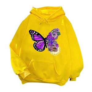 Women's White Hooded Sweatshirt Floral <b>Butterfly</b> Print Casual Knitted Full <b>Sleeve</b> Spring Wear - Product Image 2