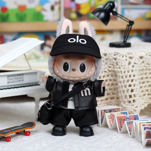 Labubu <b>Doll</b> Clothes 5-Piece Set Black Leather Jacket With Hat And Pants For Plush Toy Accessories - Product Image 3