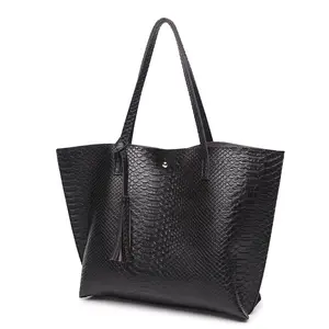 Women's Soft Faux Crocodile pattern Leather Tote Shoulder Bag Big Capacity Tassel Handbag