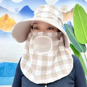 Sombrero de pescador grande a cuadros con visera ancha y máscara facial, transpirable, protección solar para mujer, uso en exteriores de verano - Product Image 1