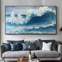 Décoration de salon moderne-Peinture de scène côtière bleue et blanche faite à la main avec effet de vague 3D sur l'art mural.