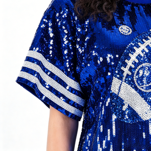 Nouveauté T-shirt long en jersey de sport pour femmes avec short à rayures Paillettes de football Colorful Round Neck Blue T Shirts confortables - Product Image 3