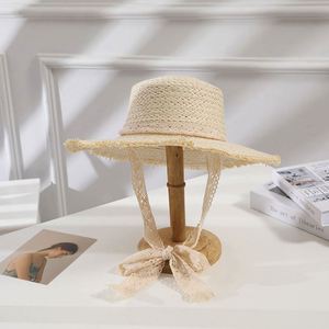 Summer Seaside Vacation Wide-brimmed Burlap Flutter Tie Woven Straw Sun <b>Hat</b> <b>Flat</b> Top Sun Beach Girls Straw <b>Hats</b> for Women - Product Image 6