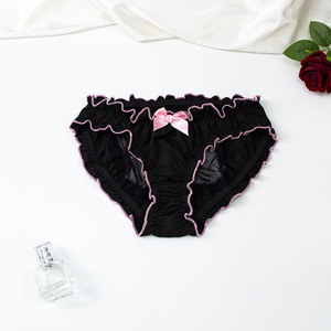 ชุดชั้นในซีทรูตาข่ายสีมิดไนท์สำหรับผู้หญิง กางเกงในลูกไม้แบบเว้า แต่งระบายสีสันตัดกัน ประดับโบว์ - Product Image 3