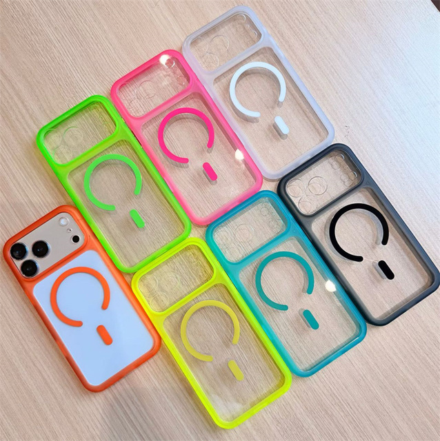 New Bumper Neon Clear Magnetic Mobile Phone Case for iPhone 15 16 17 18 Pro Max Transparent Fluorescent PC Shockproof Back Cover